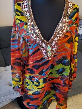 Embellished Multicolor V-Neck Women's Tunic Top/ Cover Up Size 2X